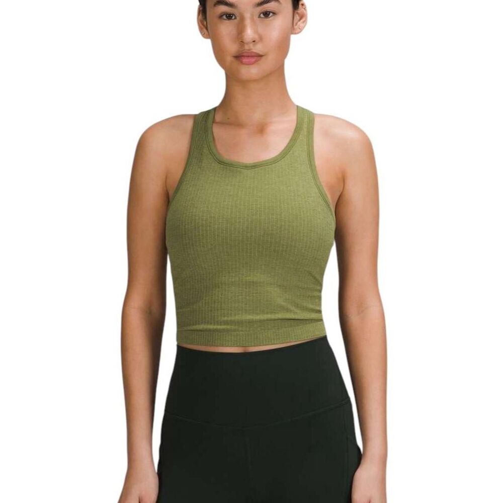 Lululemon Ebb to Street Cropped Racerback Tank Top in Bronze Green